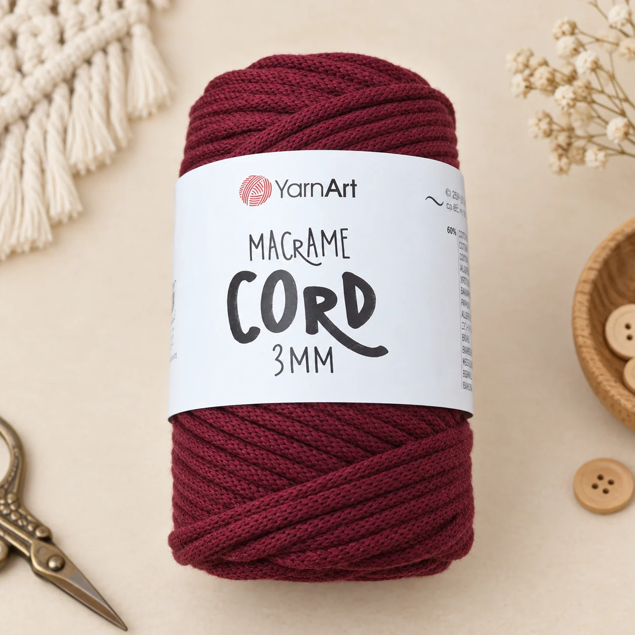 Шнур для макраме YarnArt Macrame Cord 3 мм, бордовий